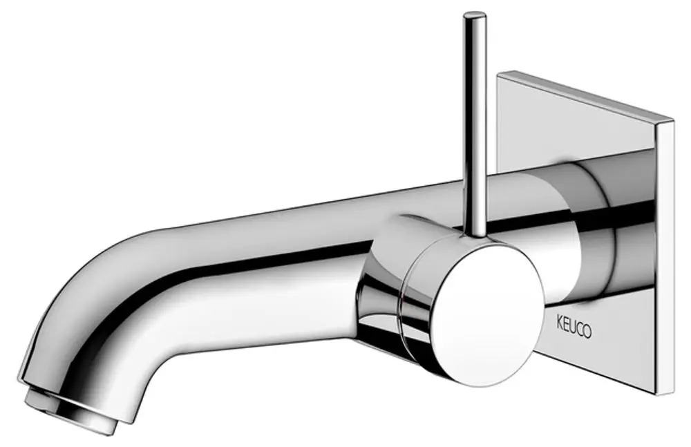 Wandmontierter Wasserhahnmischer von Keuco mit einem gebogenen Auslauf und einem runden Bedienhebel. Verchromte Oberfläche, modernes Design.